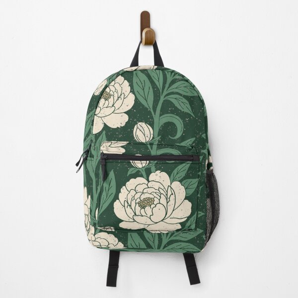Item preview, Large scale of Cream Peony Botanical Pattern Forest Green Background designed and sold by DColourMuse.