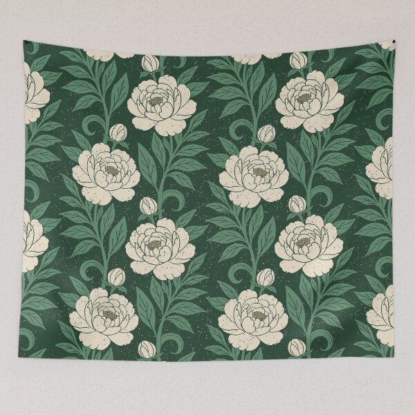 Item preview, Large scale of Cream Peony Botanical Pattern Forest Green Background designed and sold by DColourMuse.