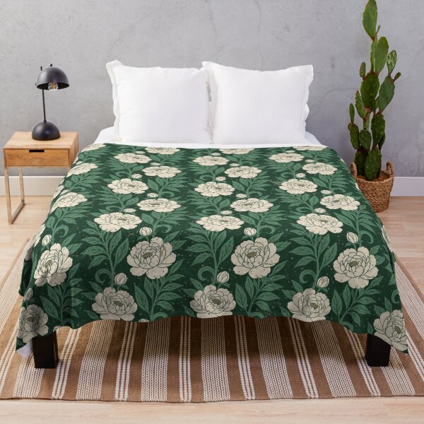 Item preview, Medium scale of Cream Peony Botanical Pattern Forest Green Background designed and sold by DColourMuse.