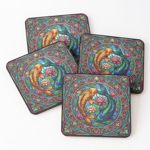 Item preview, Stained Glass Koi Fish - Art Nouveau Jewel Tone Lotus Window Design designed and sold by KuroAtelier.