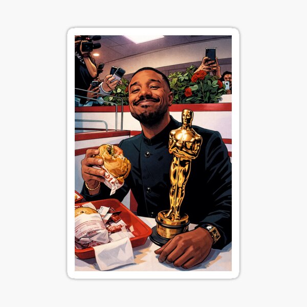 Michael B. Jordan at the Oscars after-party tradition, eating a cheeseburger from the In-N-Out (fan art) Sticker