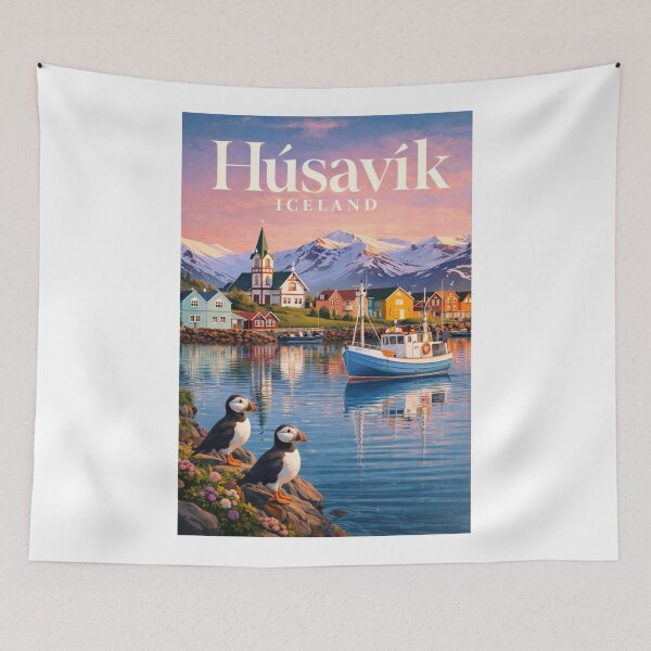 Item preview, Húsavík Iceland Norðurland eystra Harbor Puffins View designed and sold by Aryabek.