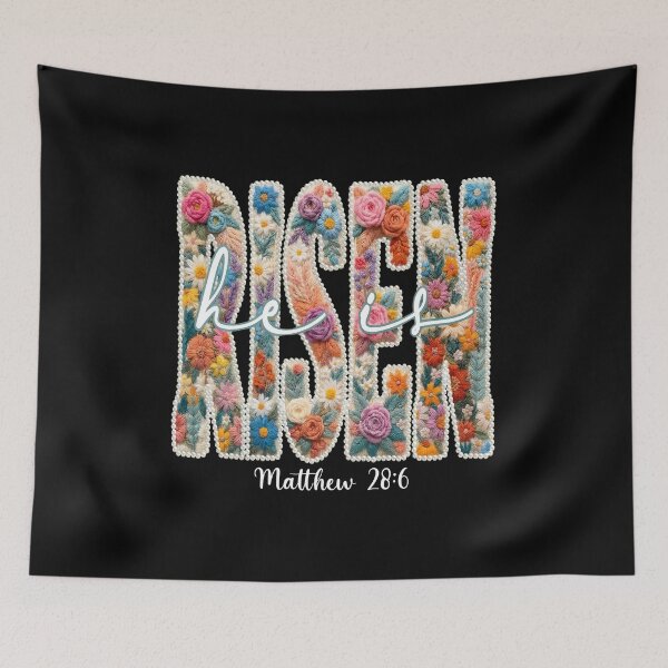 Item preview, He Is Risen Shirt Floral Embroidery Style Christian Easter Tee Matthew 28:6 Religious Apparel Handmade Look Bible Verse Gift designed and sold by Dmo3HarkoArt.