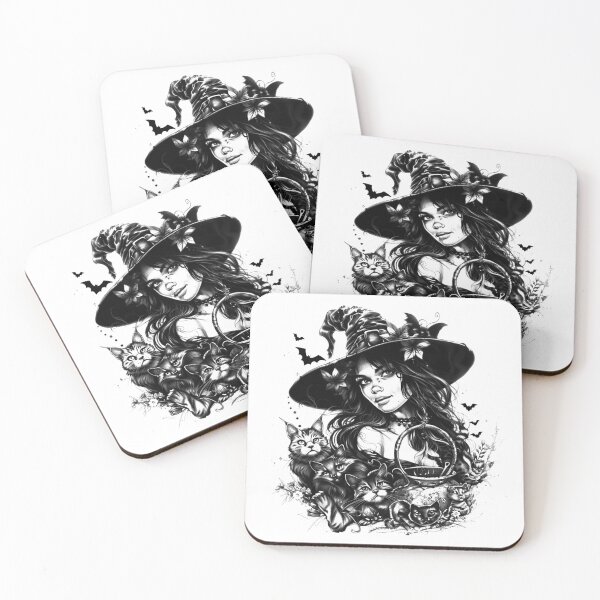 Item preview, Witch Girl With Cats Black and White Halloween Fantasy Art designed and sold by inkoutninja.