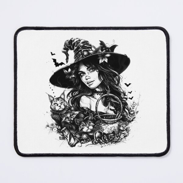 Item preview, Witch Girl With Cats Black and White Halloween Fantasy Art designed and sold by inkoutninja.