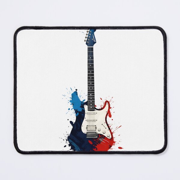 Item preview, An electric guitar with a white body and black neck, set against a vibrant red and blue abstract background. designed and sold by VerizalShop.