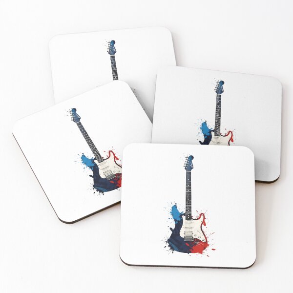 Item preview, An electric guitar with a white body and black neck, set against a vibrant red and blue abstract background. designed and sold by VerizalShop.