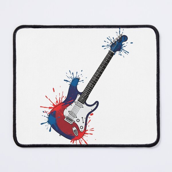 Item preview, Close-up of a white electric guitar with red and blue paint splatters on its body against a black background designed and sold by VerizalShop.