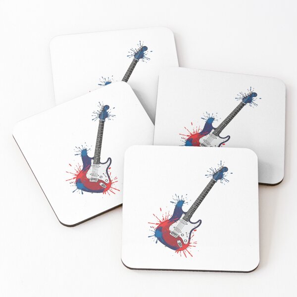 Item preview, Close-up of a white electric guitar with red and blue paint splatters on its body against a black background designed and sold by VerizalShop.