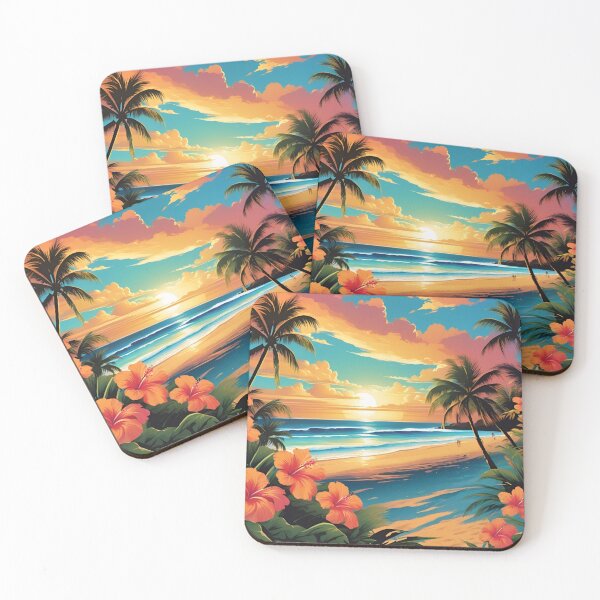 Item preview, Hibiscus Framed Tropical Beach Sunset Illustration designed and sold by CASASIS_MERCH.