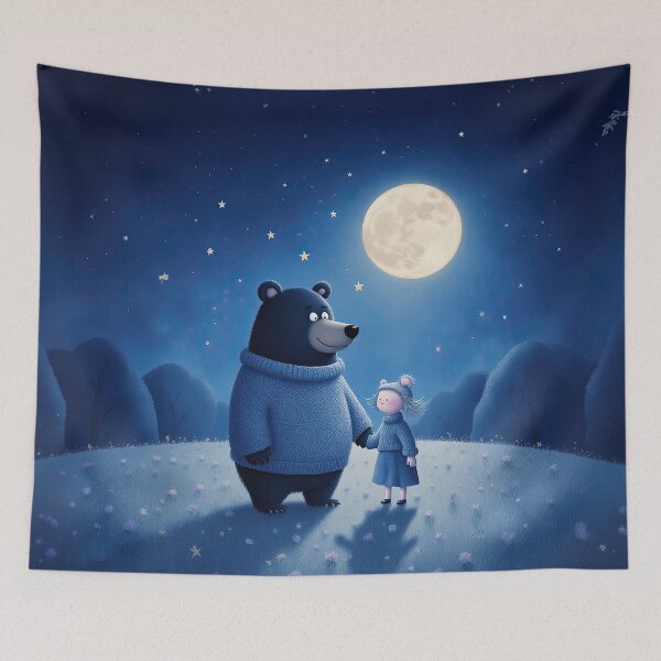 Item preview, Holding Hands Under the Moon – Whimsical Bear and Child Night Scene designed and sold by Whimsical Hug.