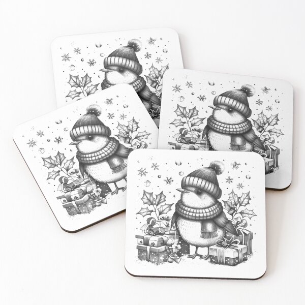 Item preview, Winter Bird With Gifts Black and White Christmas Art designed and sold by inkoutninja.