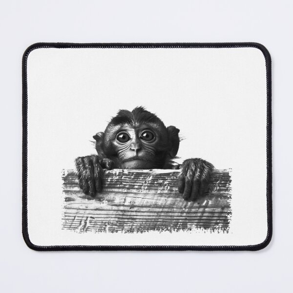 Item preview, Baby Monkey Peeking Over Wood Black and White Cute Animal Art designed and sold by inkoutninja.