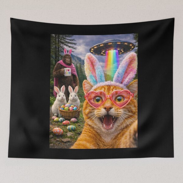 Item preview, Cute Easter Cat Selfie with Bigfoot & UFO designed and sold by Patchina.