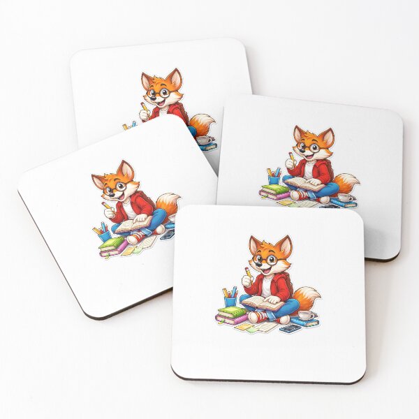 Item preview, A cute cartoon fox sits on the floor studying with books and a pencil, smiling happily. The colorful sticker design gives a fun and cozy learning vibe. designed and sold by redouanestudio.