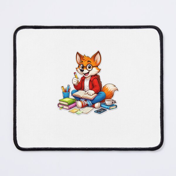 Item preview, A cute cartoon fox sits on the floor studying with books and a pencil, smiling happily. The colorful sticker design gives a fun and cozy learning vibe. designed and sold by redouanestudio.