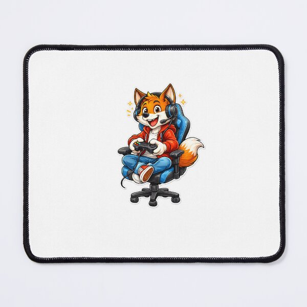 Item preview, A cheerful cartoon fox sits on a chair playing video games with a controller, showing an excited expression. The vibrant colors and fun sticker style create an energetic and playful vibe. designed and sold by redouanestudio.