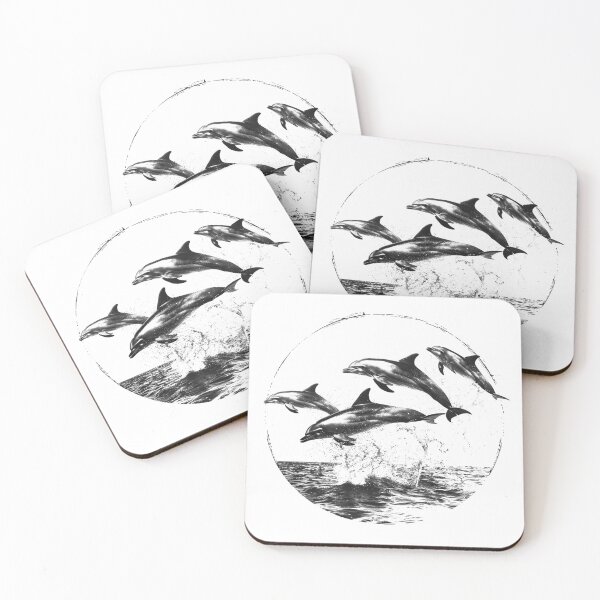 Item preview, Jumping Dolphins Over Ocean Black and White Marine Art designed and sold by inkoutninja.