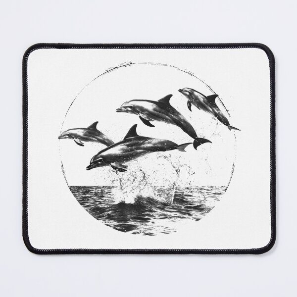 Item preview, Jumping Dolphins Over Ocean Black and White Marine Art designed and sold by inkoutninja.