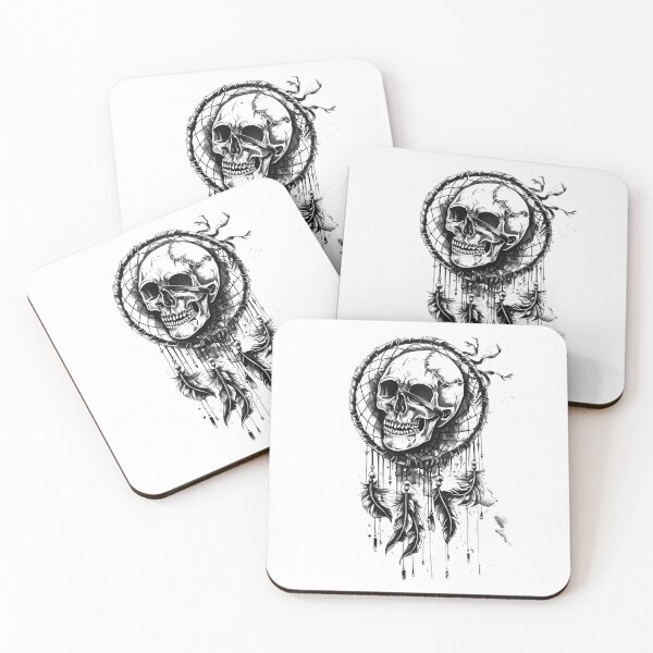 Artikelvorschau, Totenkopf-Traumfänger, Schwarz-Weiß, Gothic-Boho-Kunst entworfen und verkauft von inkoutninja.