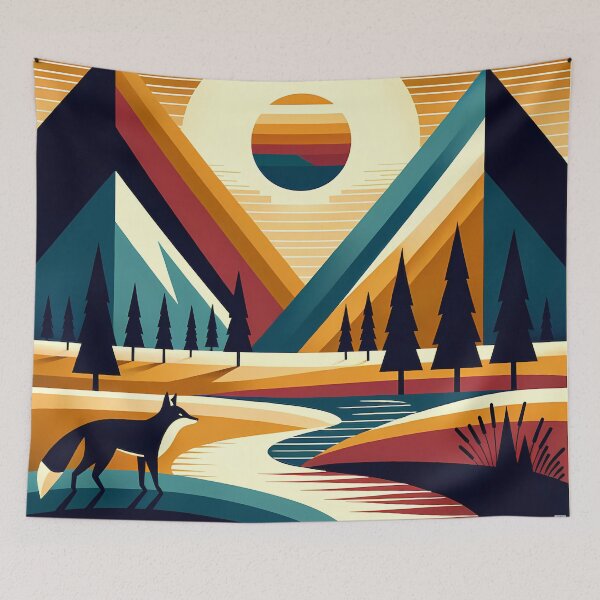 Item preview, Geometric Mountain Peaks with Fox and Sunset designed and sold by InkSmithery.