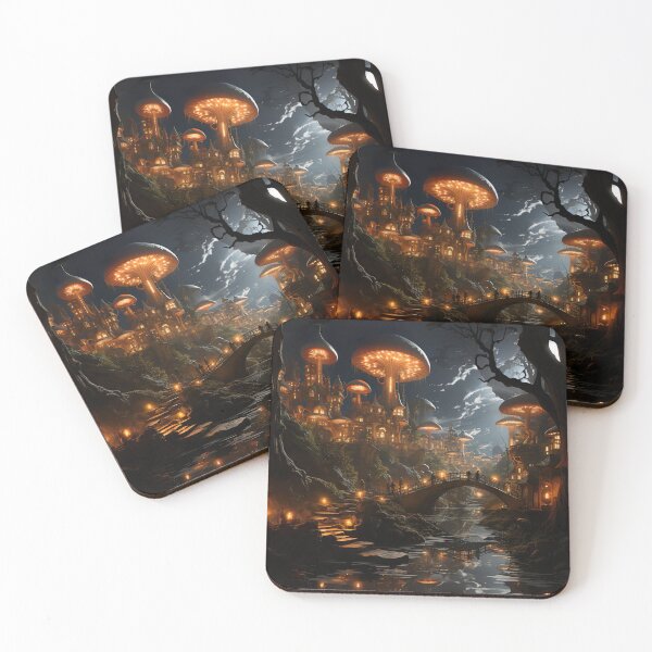 Item preview, Dark Fantasy Mushroom Village – Enchanted Night Forest with Glowing Toadstools designed and sold by Dominik1994.