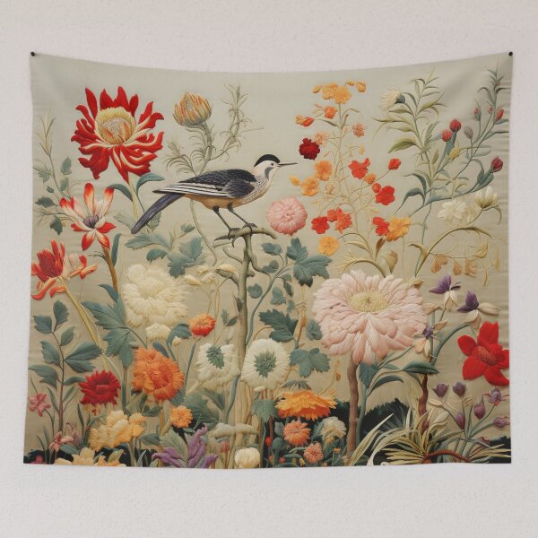 Item preview, Silk Floral Naturalistic Wild Flowers Birdy Carpet designed and sold by GrinGalore.