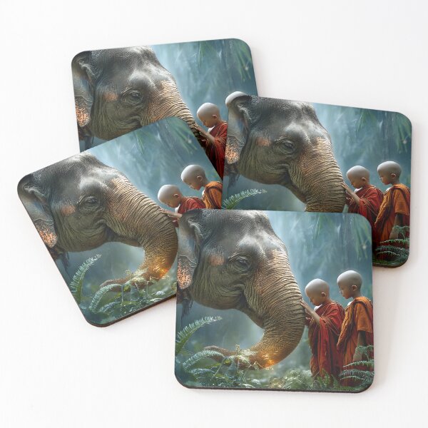Item preview, Monks and Elephant in Lush Jungle Setting designed and sold by Artessie.