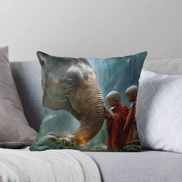 Item preview, Monks and Elephant in Lush Jungle Setting designed and sold by Artessie.
