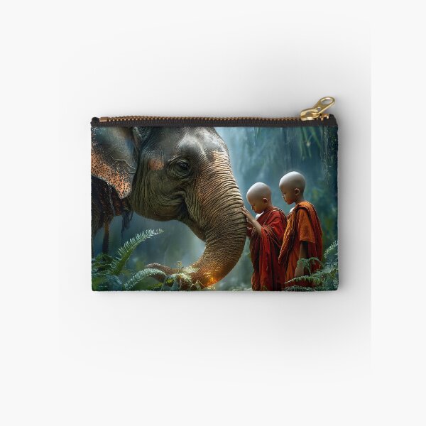 Item preview, Monks and Elephant in Lush Jungle Setting designed and sold by Artessie.