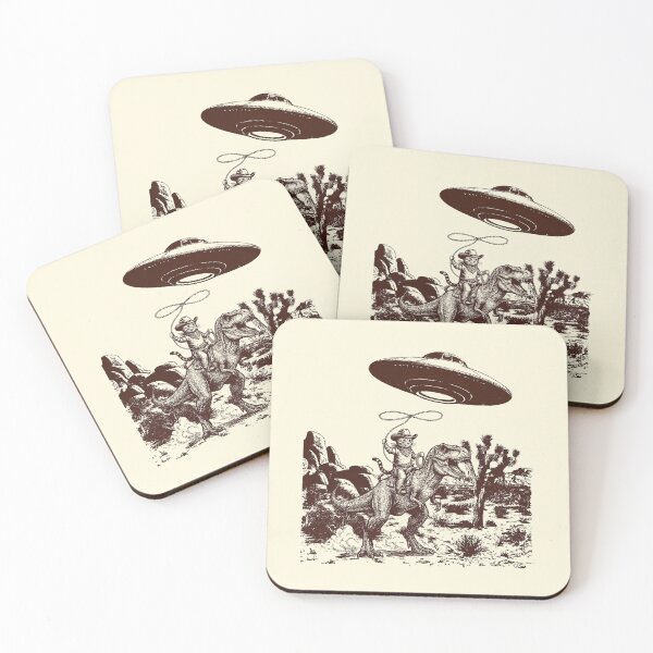 Item preview, Cowboy Cat Riding T-Rex Dinosaur UFO Abduction designed and sold by TheSamuraiCat.