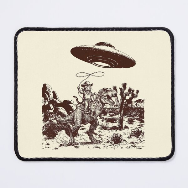 Item preview, Cowboy Cat Riding T-Rex Dinosaur UFO Abduction designed and sold by TheSamuraiCat.