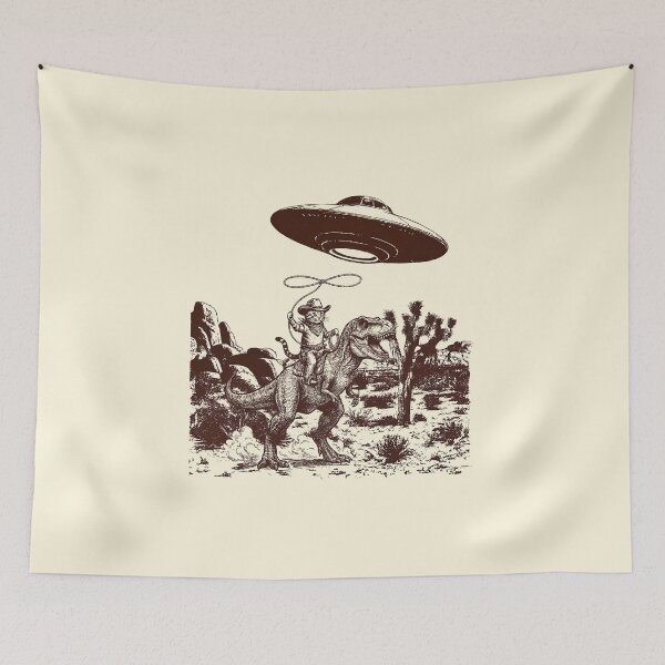 Item preview, Cowboy Cat Riding T-Rex Dinosaur UFO Abduction designed and sold by TheSamuraiCat.
