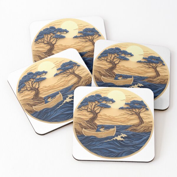 Item preview, Paper Cut Ocean Journey – Minimalist Boat with Couple Under Golden Sunset, Peaceful Nature Landscape Art designed and sold by ChenEngEng.