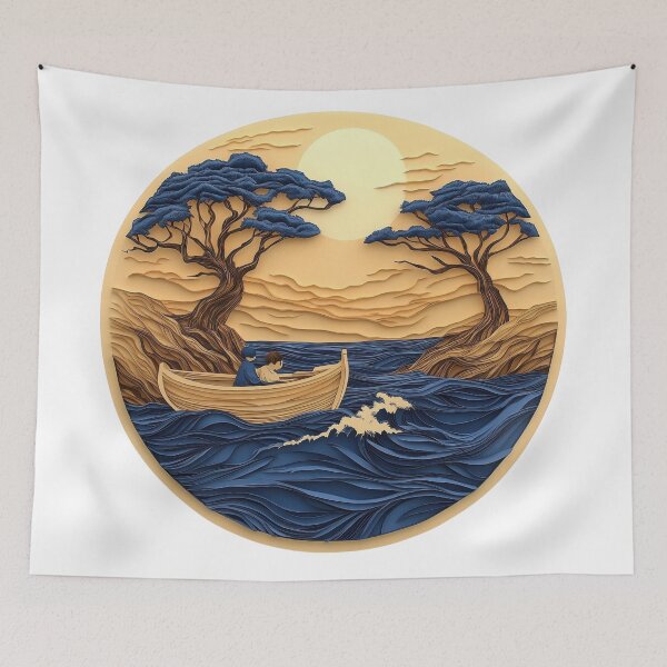 Item preview, Paper Cut Ocean Journey – Minimalist Boat with Couple Under Golden Sunset, Peaceful Nature Landscape Art designed and sold by ChenEngEng.