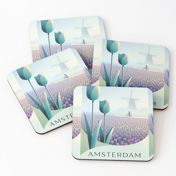Item preview, Amsterdam Tulip Field Poster | Dutch Windmill & Bicycle Illustration | Minimalist Netherlands Travel Wall Art designed and sold by Witsprings.