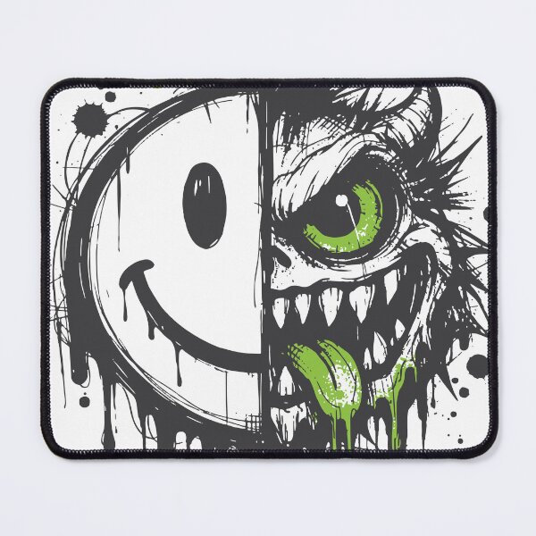 Item preview, Half friendly smiley and half feral monster fused in bold graffiti style, featuring a neon green eye, dripping paint and ink splatters designed and sold by Dejbar.