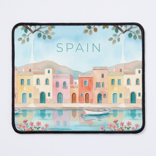 Item preview, Spain Coastal Village Poster | Mediterranean Houses & Boat Illustration | Pastel Travel Wall Art designed and sold by Witsprings.