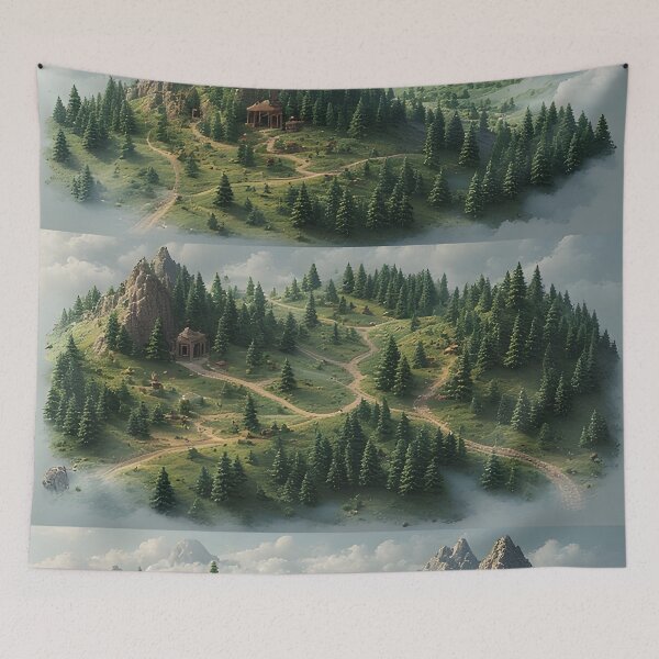 Item preview, Three times green hilly landscape with temples designed and sold by Mianku | Für das Leben.