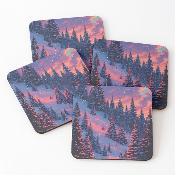 Item preview, Snow-covered slope with fir trees under a pinkish-red evening sky designed and sold by Mianku | Für das Leben.