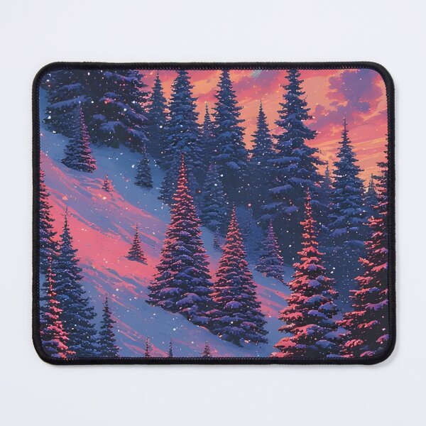 Item preview, Snow-covered slope with fir trees under a pinkish-red evening sky designed and sold by Mianku | Für das Leben.