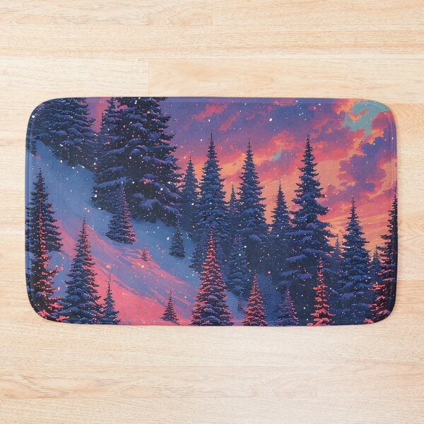 Item preview, Snow-covered slope with fir trees under a pinkish-red evening sky designed and sold by Mianku | Für das Leben.