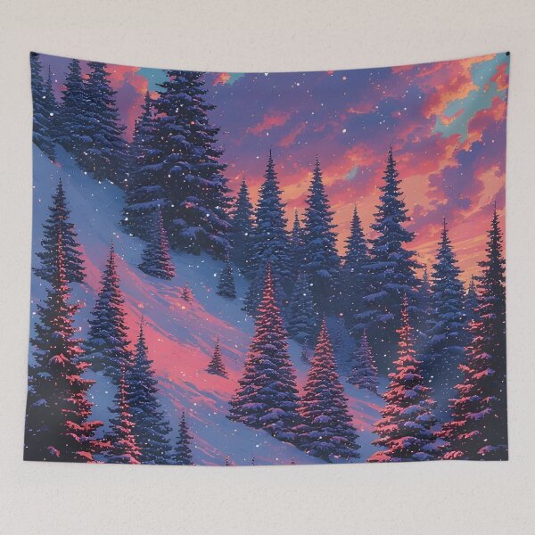 Item preview, Snow-covered slope with fir trees under a pinkish-red evening sky designed and sold by Mianku | Für das Leben.