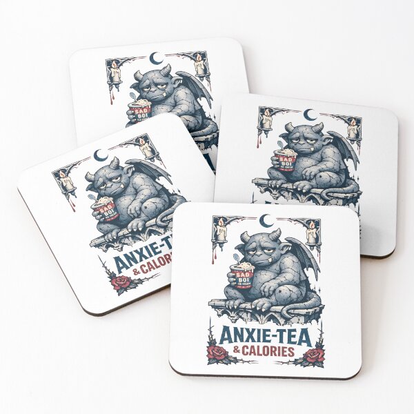 Item preview, Anxie-tea and Calories Gargoyle Sad Boi Ice Cream Gothic Cartoon - Vintage Tattoo Flash Aesthetic Relatable Mental Health Humor Dark Academia Stone Gargoyle Illustration designed and sold by Vivaan Studio.