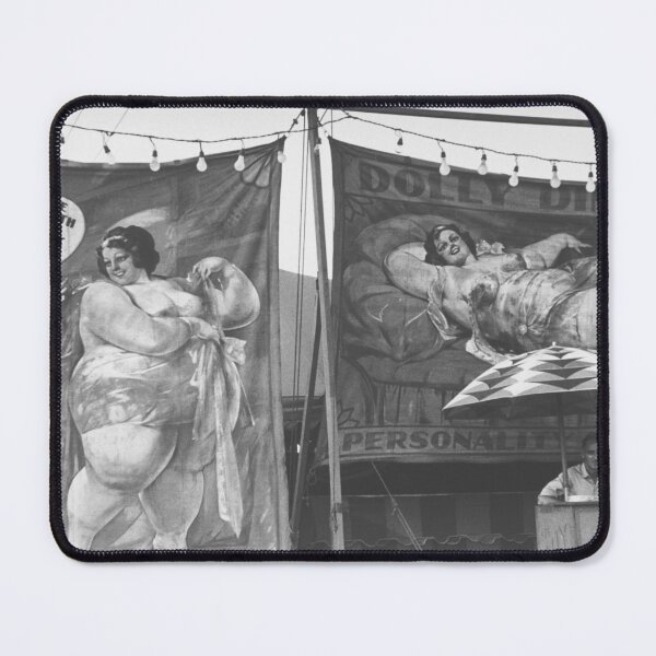 Item preview, Vintage traveling carnival advertisement roadside signs at Strawberry Festival, Plant City, Florida black and white photographic art print designed and sold by Astrid Arkhangelsky.