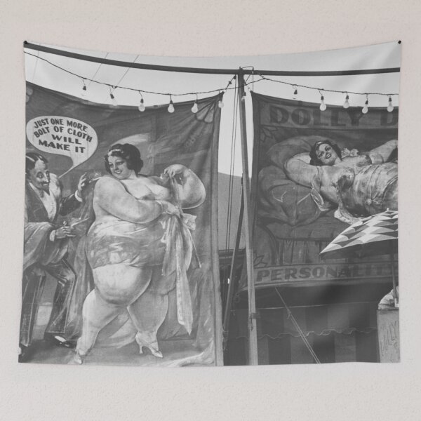 Item preview, Vintage traveling carnival advertisement roadside signs at Strawberry Festival, Plant City, Florida black and white photographic art print designed and sold by Astrid Arkhangelsky.