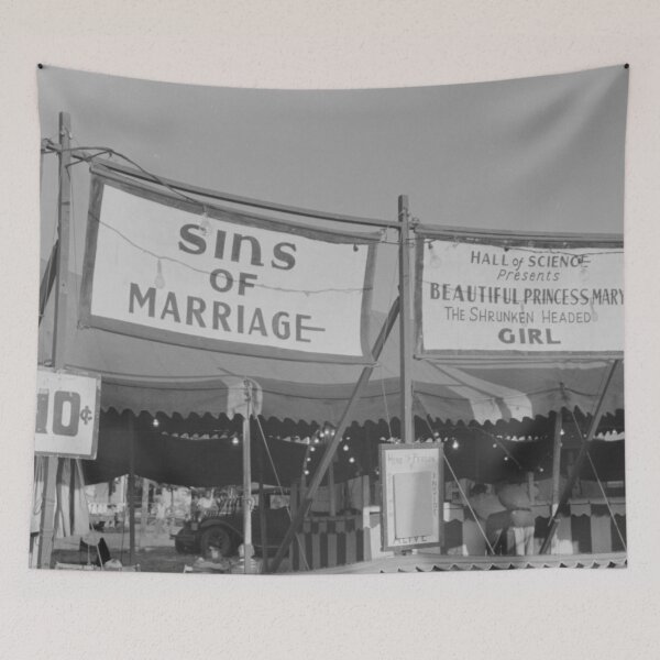 Item preview, Freak show, sins of marriage and shrunken headed girl Plant City, Florida, strawberry festival and traveling side show carnival advertisement photograph designed and sold by Astrid Arkhangelsky.
