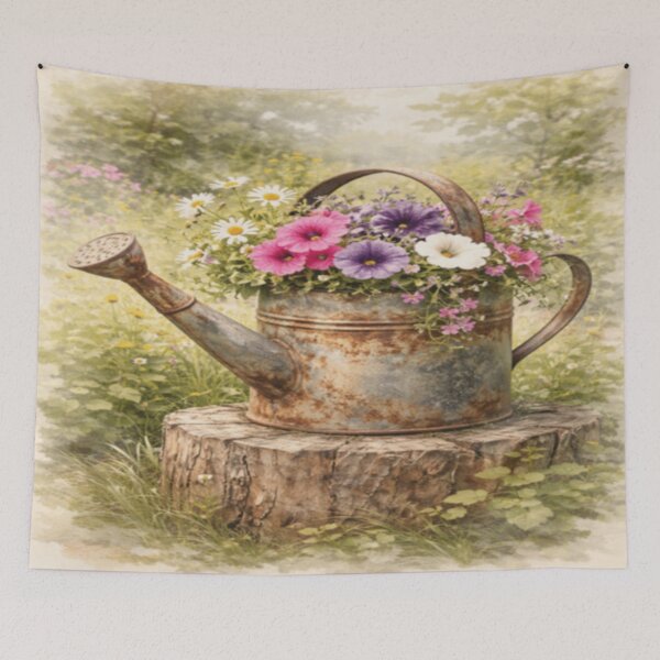 Item preview, Rustic Vintage Watering Can with Wildflowers - Shabby Chic Garden Decor Art designed and sold by ArtFreshStudio.
