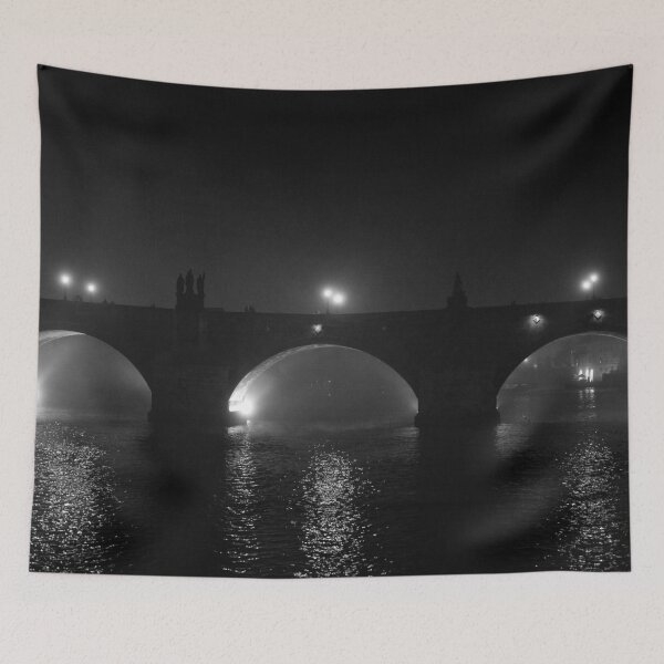 Item preview, Midnight, Paris, on the River Seine black and white romantic bridge photographic art print designed and sold by Astrid Arkhangelsky.