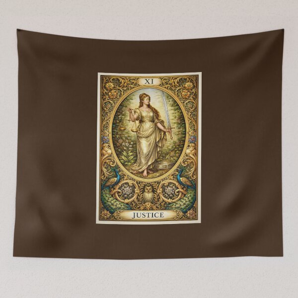 Item preview, Justice Tarot Card XI – Pre-Raphaelite Gold Botanical Goddess, Vintage Ornate Tarot Art, Witchy Spiritual Decor designed and sold by EmiliaBassano.